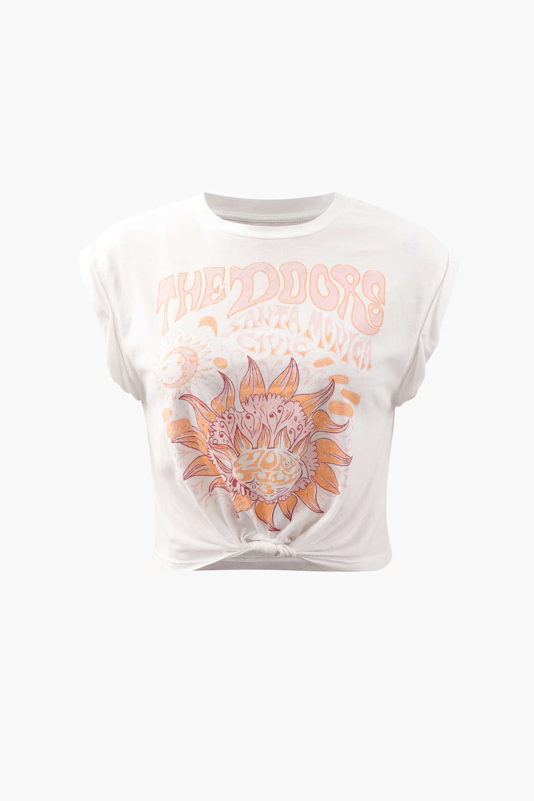 Çiçek Desenli Kenar Düğümlü Kısa Kol T-Shirt