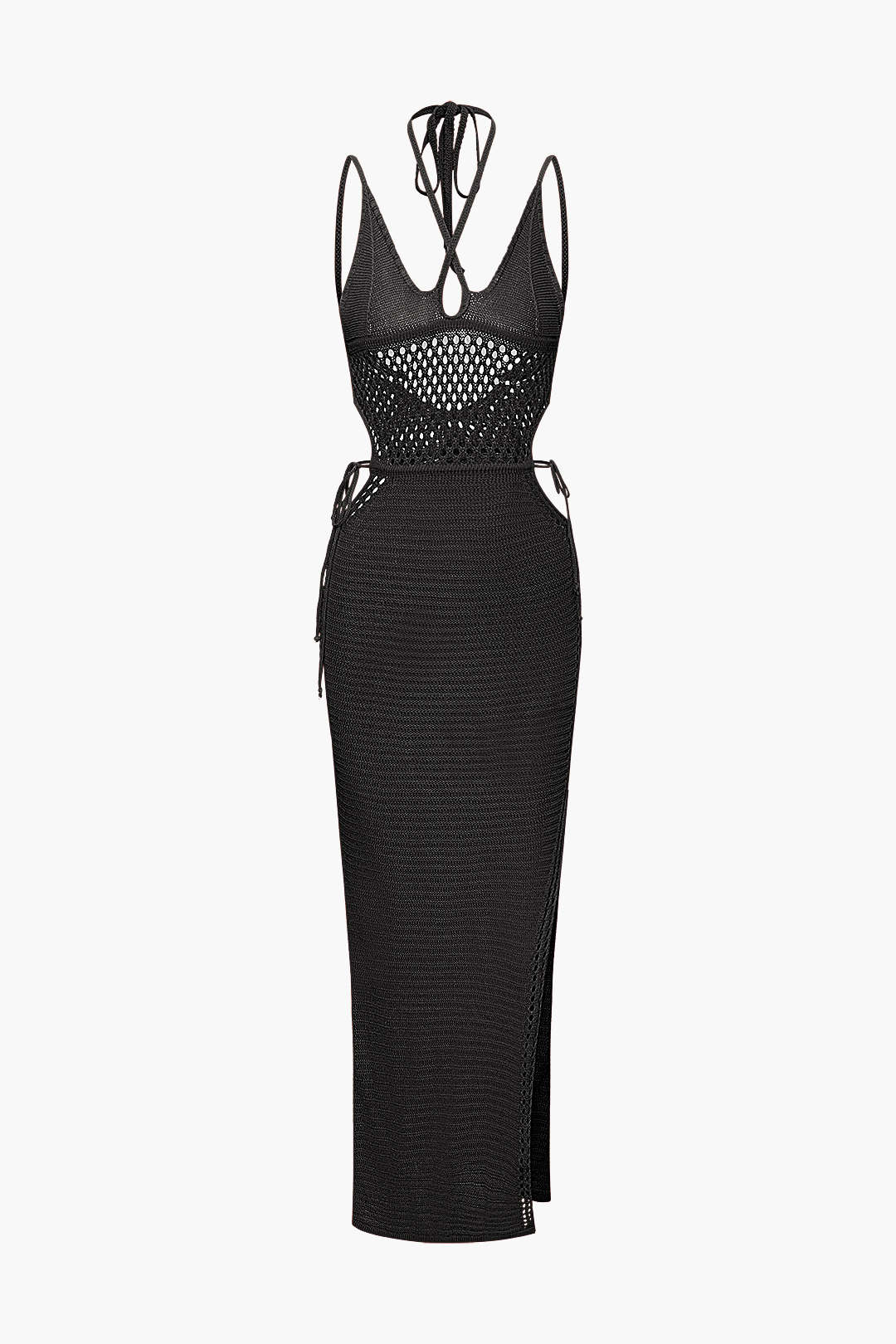 Kenar Kesimi Açık Örgü Sırt Dekolteli Halter Maxi Elbise