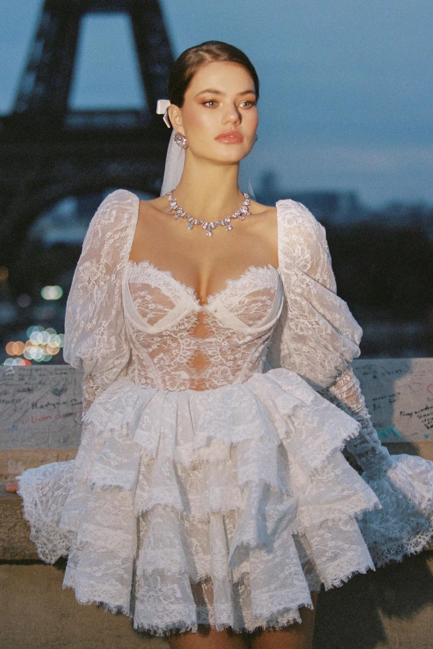 Olyssa Bonnie Dantel Puf Kollu Mini Elbise