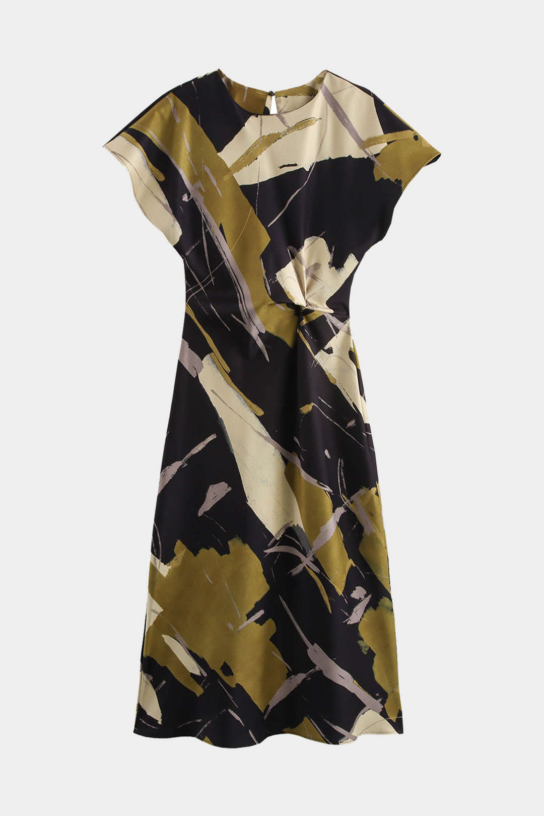 Tie Dye Fırfırlı Kesik Düğme Dönüşüm Knot Midi Elbise