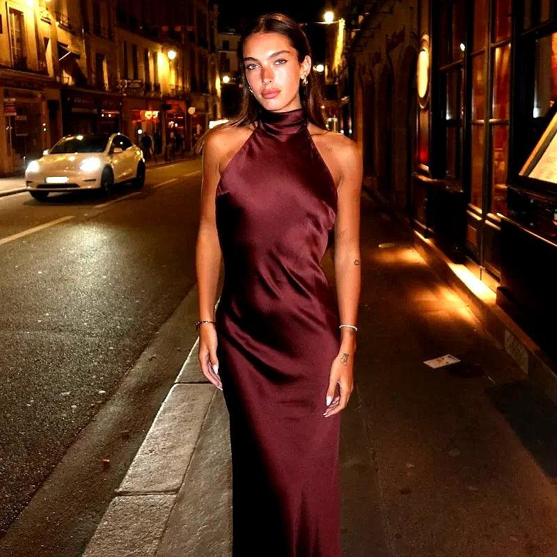 Olyssa Zarif Halter Saten Sırtı Açık Maksi Elbise