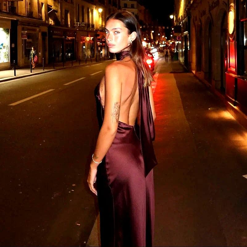 Olyssa Zarif Halter Saten Sırtı Açık Maksi Elbise