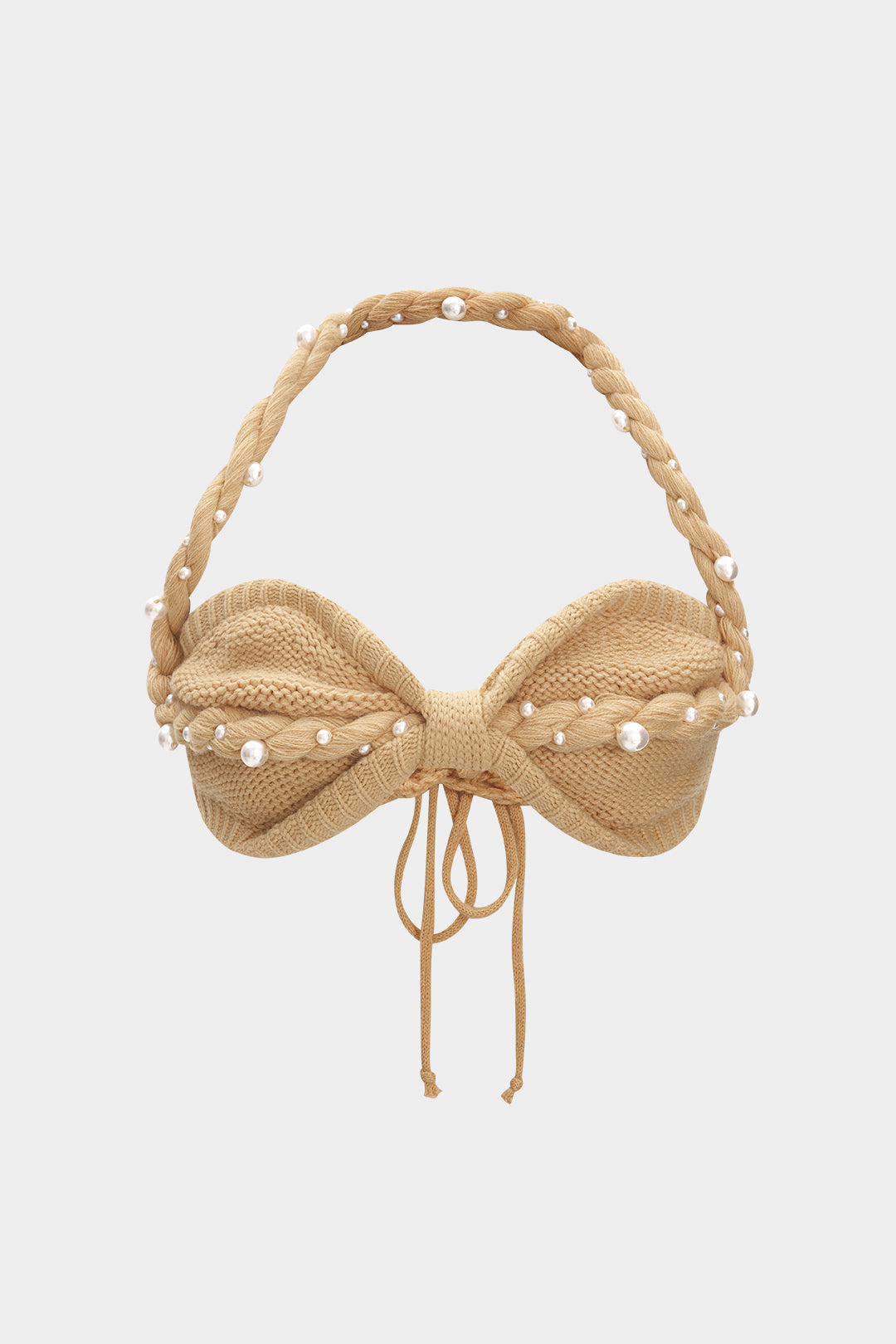 Örgü İnci Dekor Halter Yaka Örgü Bağlamalı Tank Top