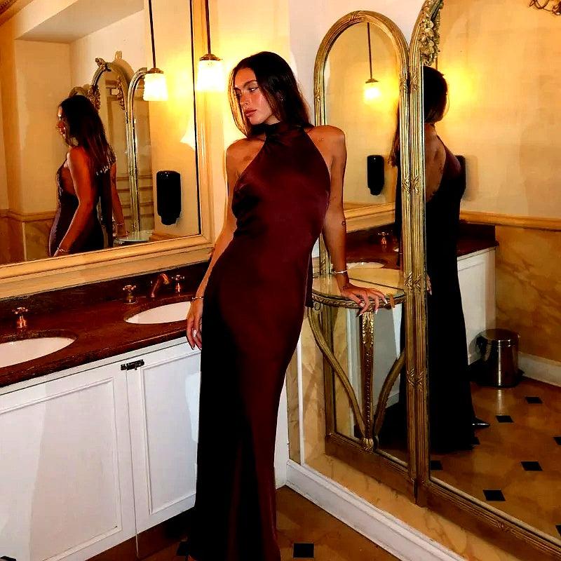 Olyssa Zarif Halter Saten Sırtı Açık Maksi Elbise