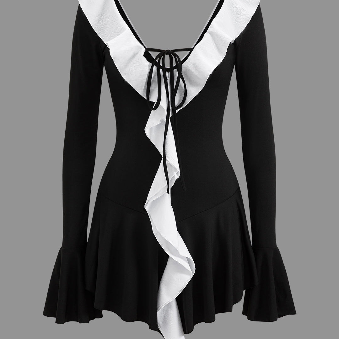 Olyssa Kontrast Fırfır Yaka Mini Elbise