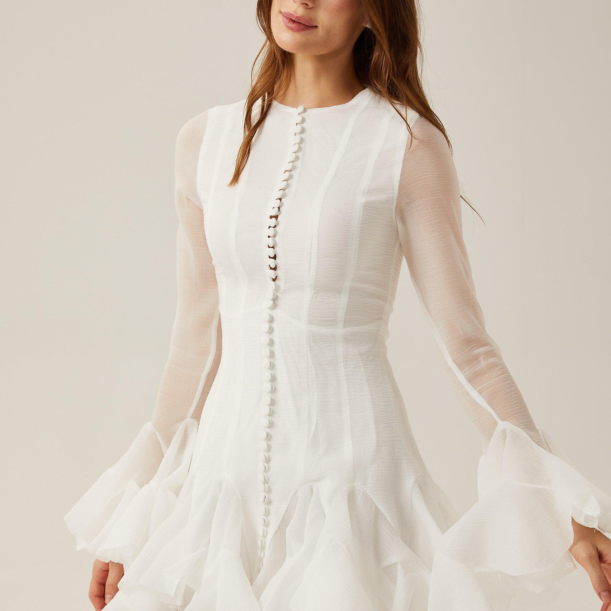 Olyssa Aurora Fırfır Detaylı Beyaz Mini Elbise