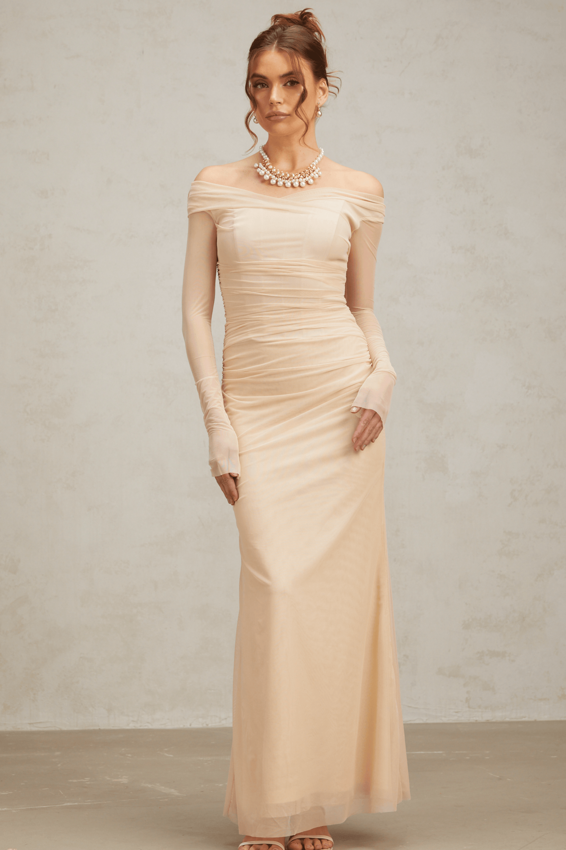 Olyssa Elegance Aura Omuz Dekolteli Tül Uzun Elbise