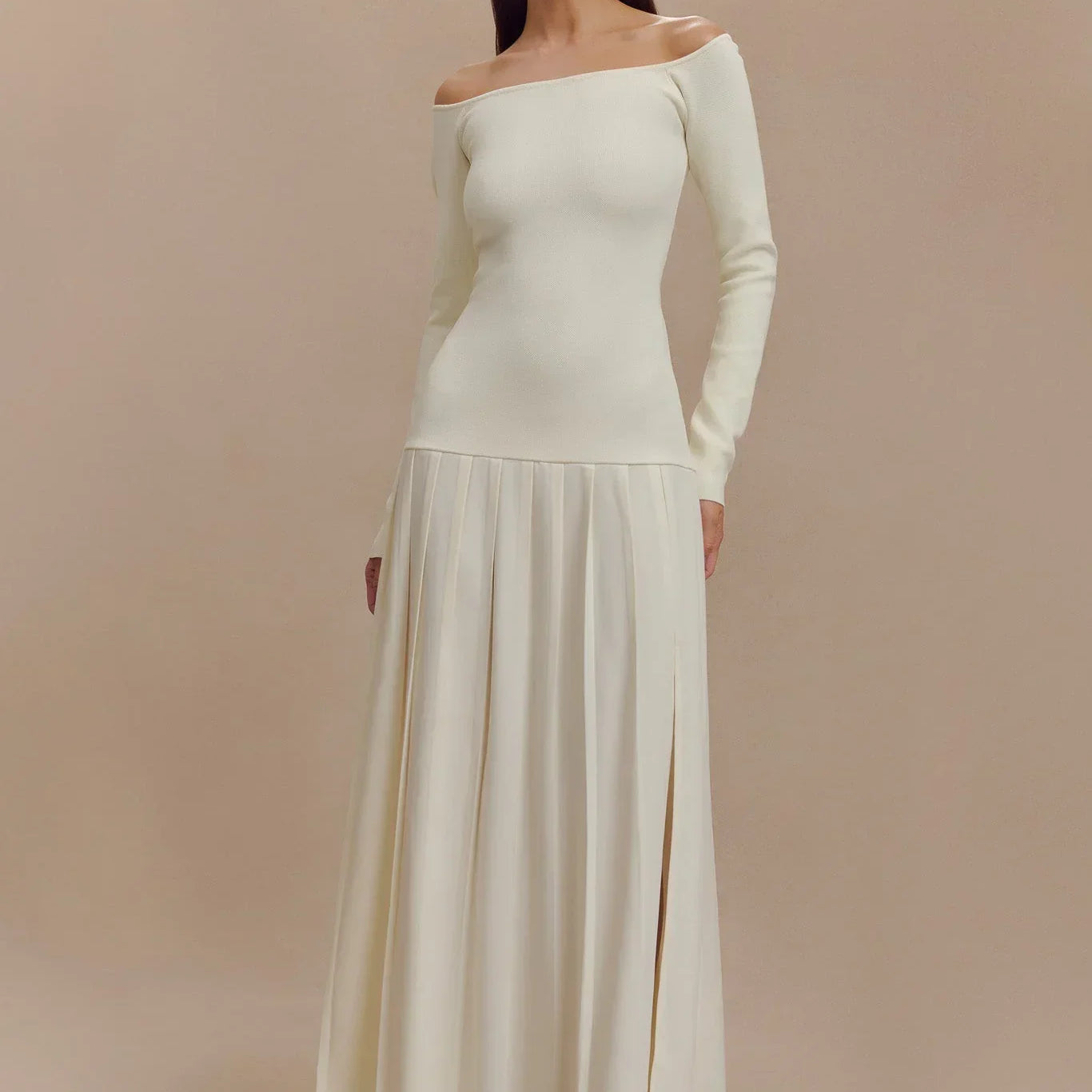 Olyssa Örme Omuz Açık Uzun Elbise - Fildişi