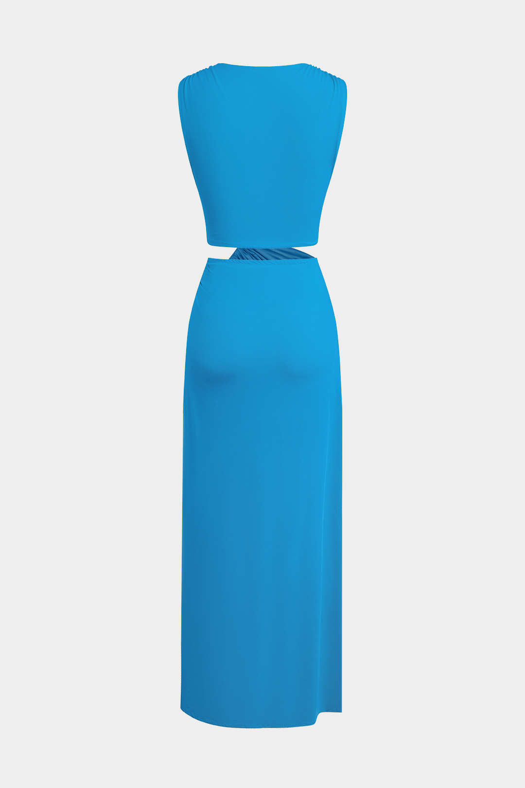 Kesik Detaylı Dönme Bağlama Kolsuz Yırtmaçlı Midi Elbise