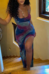 Tie Dye Sırt Açık Yırtmaçlı Slip Midi Elbise