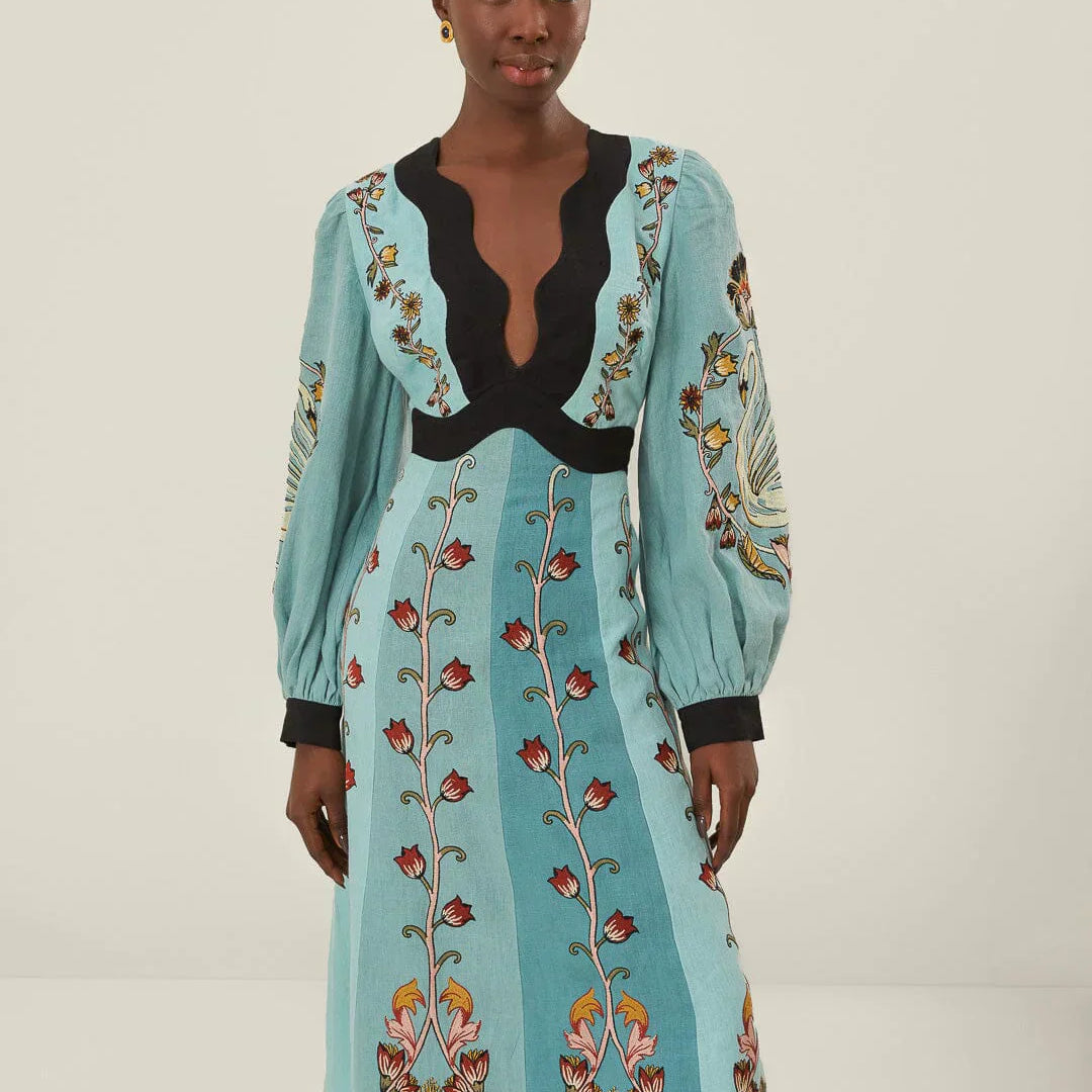 Olyssa Mavi Akışkan Güzellik Uzun Kollu Midi Elbise