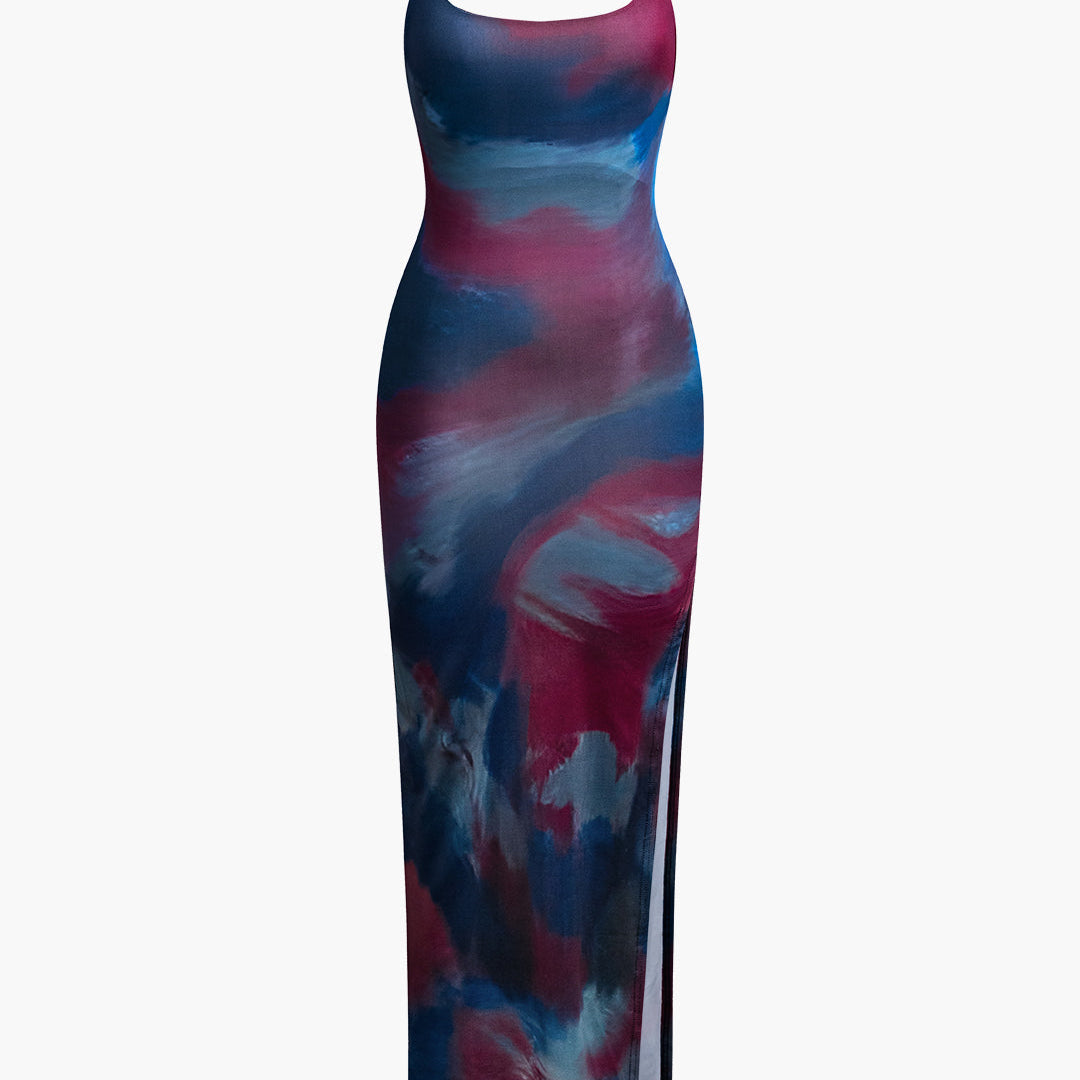 Tie Dye Sırt Açık Yırtmaçlı Slip Midi Elbise