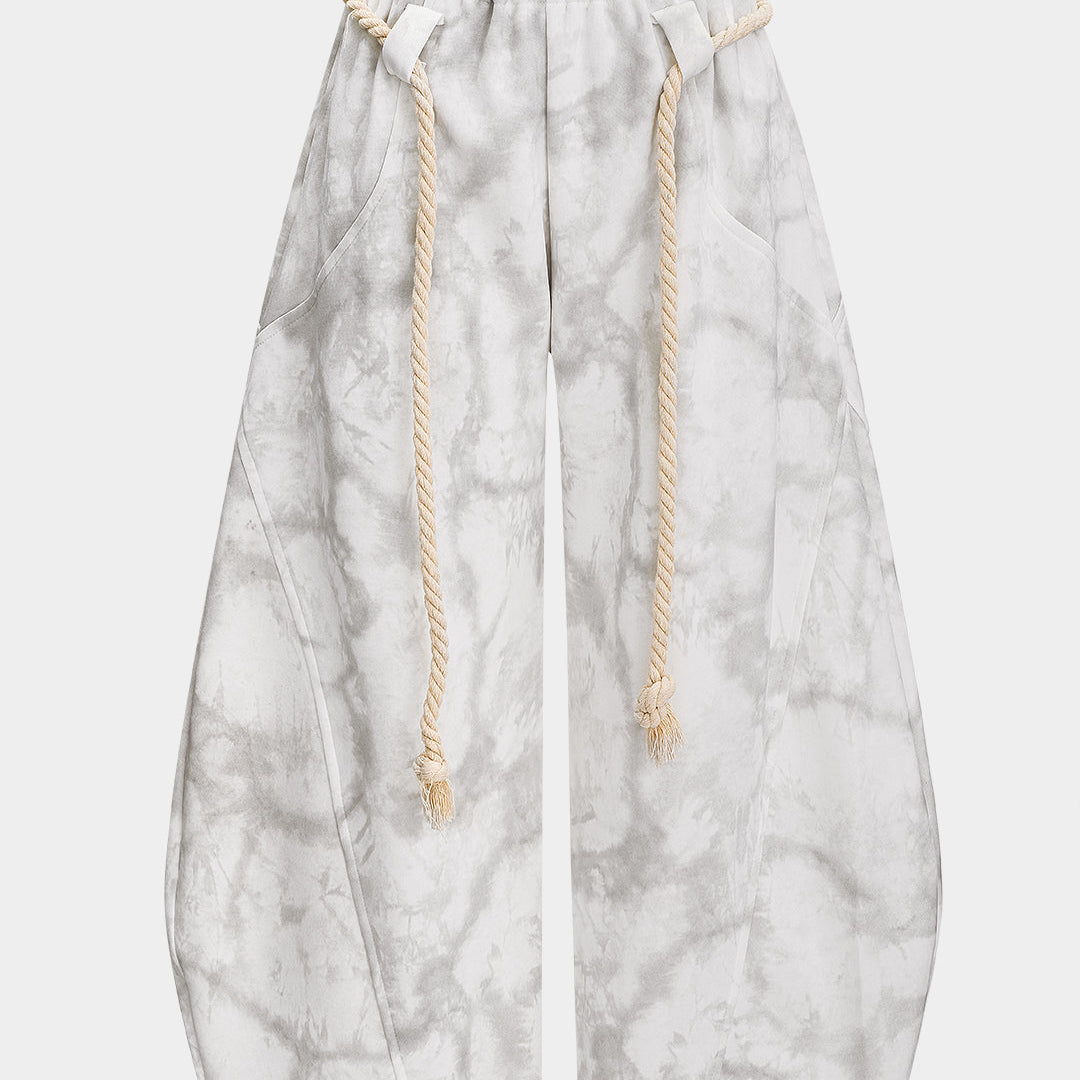Mermer Tie Dye Baskılı Bağcıklı Geniş Paça Pantolonlar
