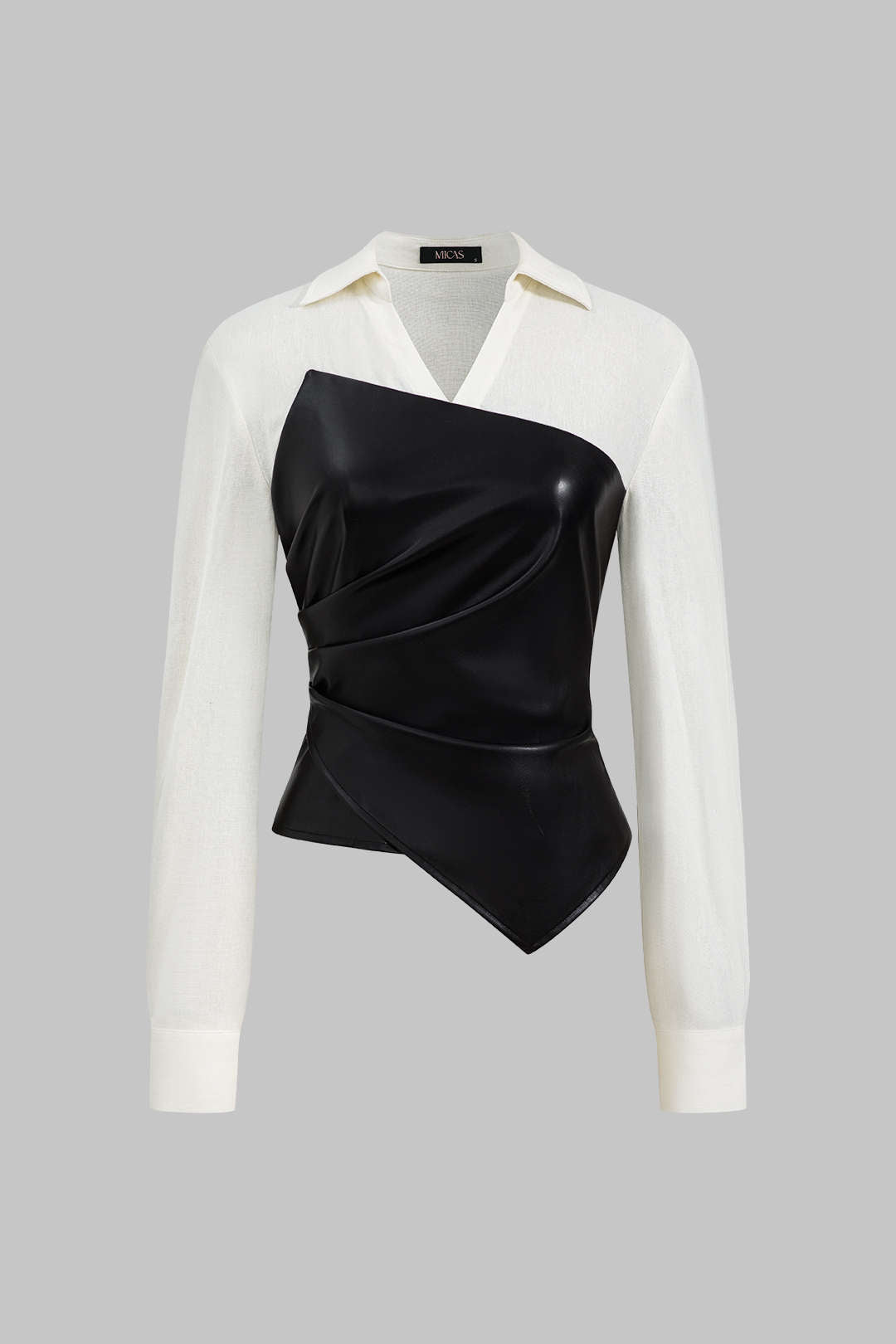 Suni Deri Keten Asimetrik Patchwork Fermuarlı V Yaka Uzun Kollu Gömlek