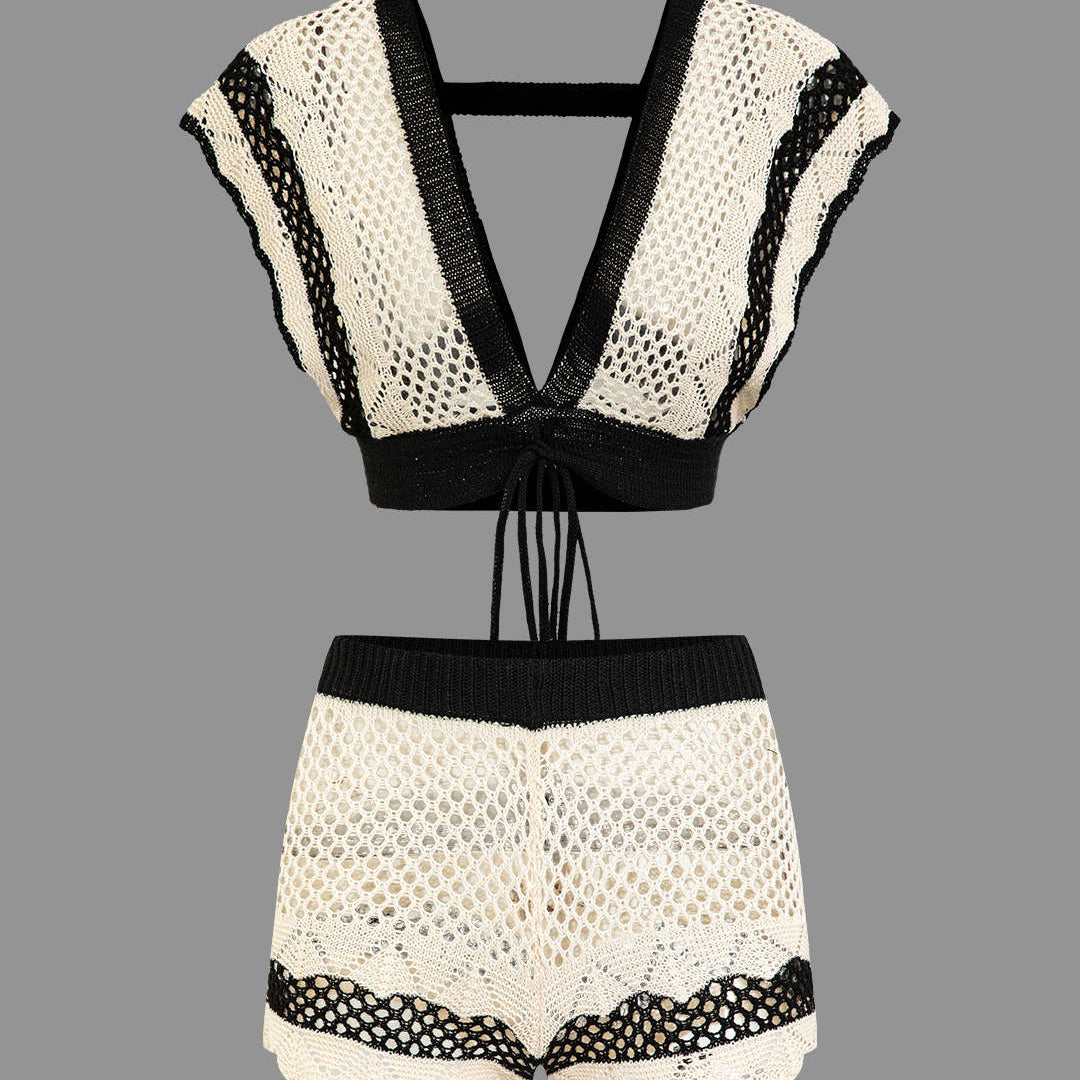 Kontrast Kroşeli V Yaka Örgü Şort Takımı