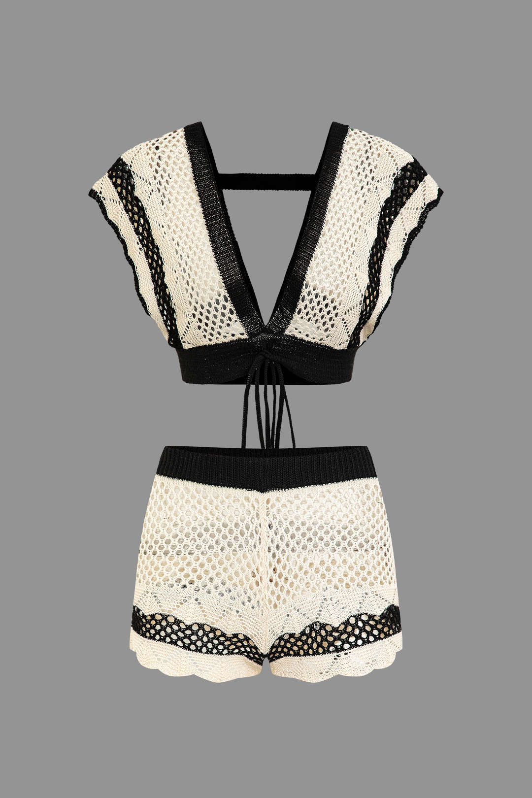 Kontrast Kroşeli V Yaka Örgü Şort Takımı