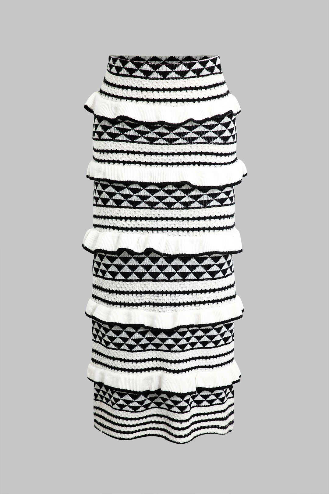 Çizgili Korse Sütyen Üstü ve Katmanlı Ruffle Örgü Midi Etek Seti