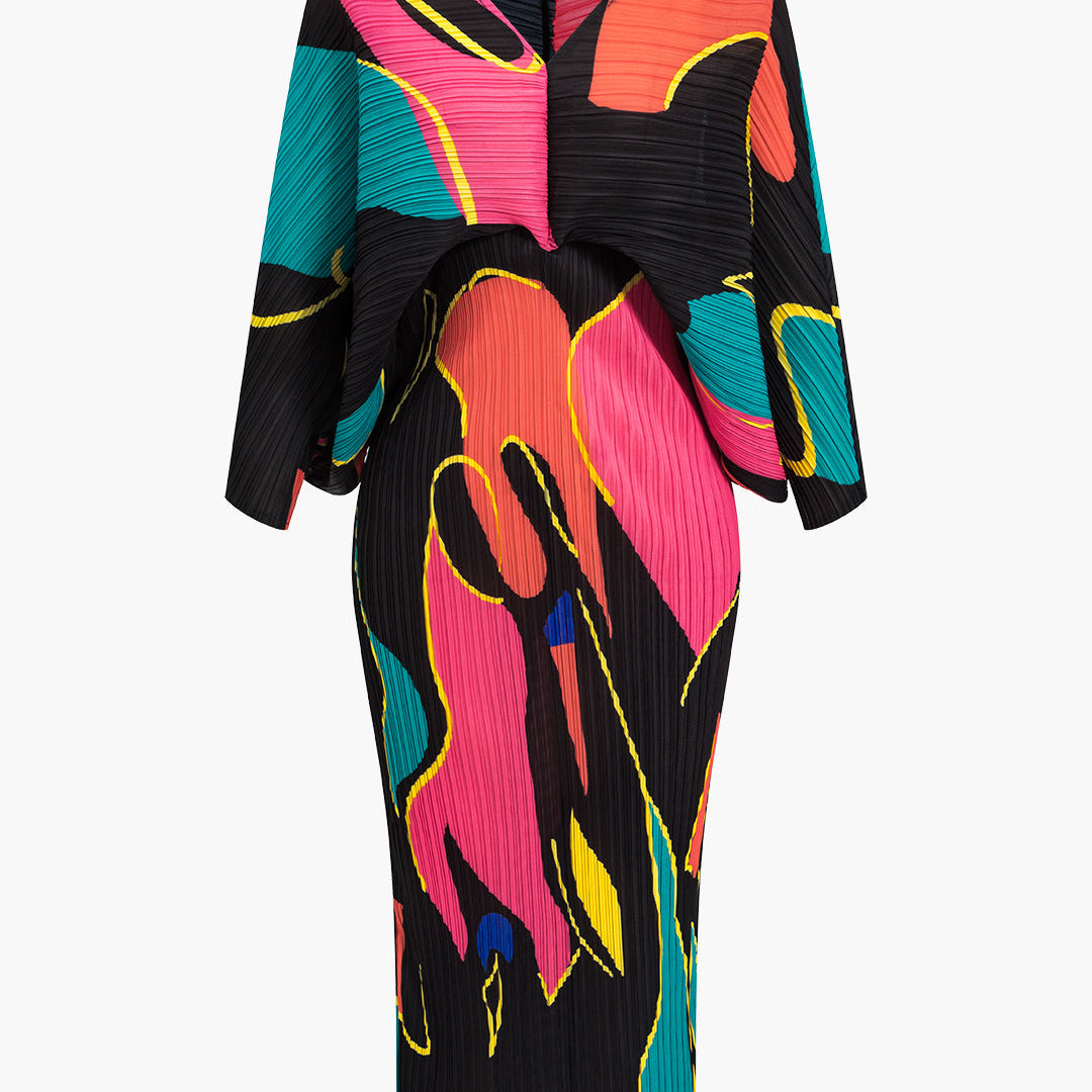 Renk Blok Baskılı Plise V Yaka Kanat Kol Maxi Elbise