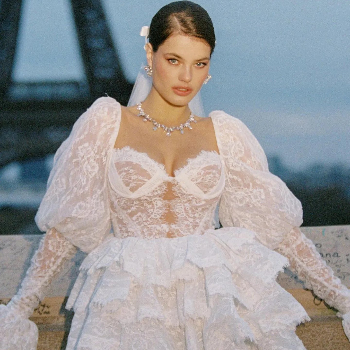 Olyssa Bonnie Dantel Puf Kollu Mini Elbise