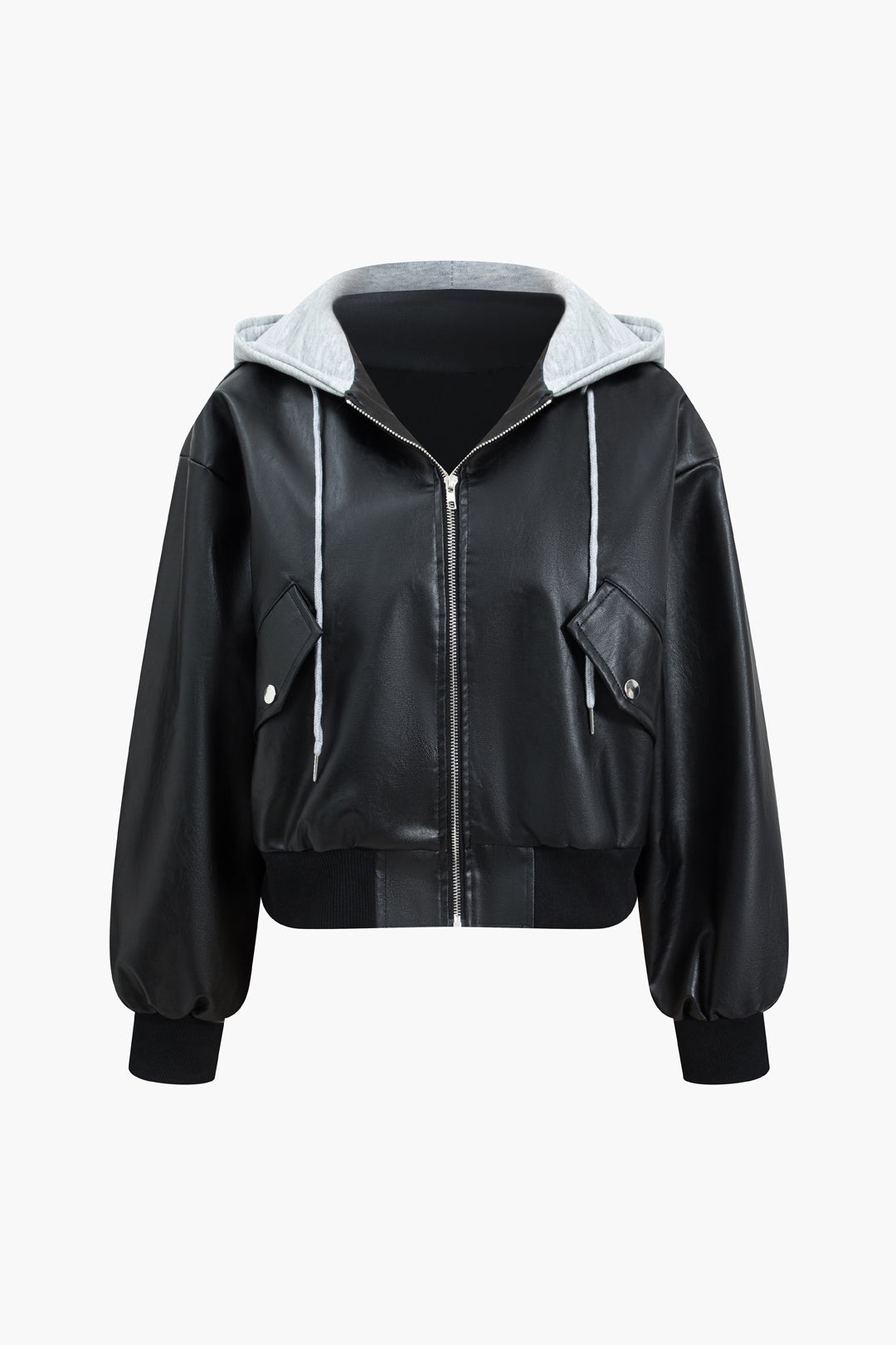 Faux Leather Hooded Pocket Zipper Uzun Kollu Ceket