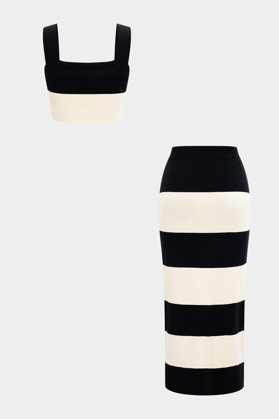 Örgü Kontrast Askılı Üst ve Etek Takımı