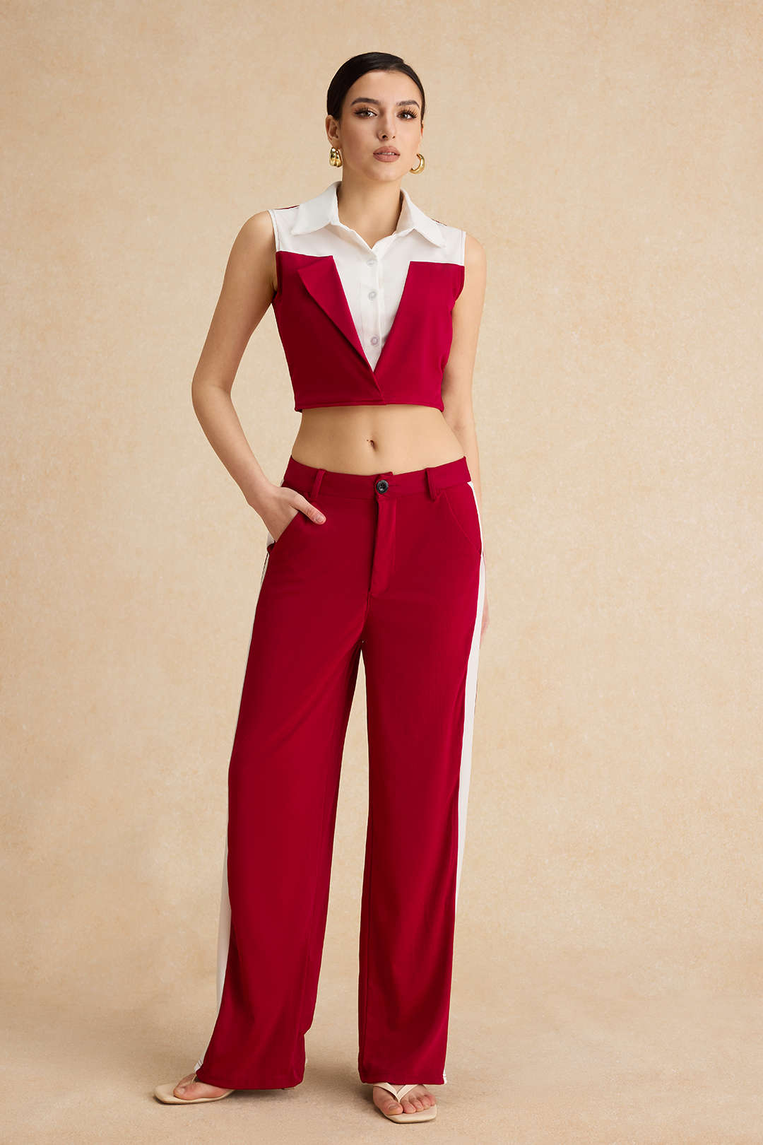 Patchwork Düğme Bağlama Sıfır Kol Bluz Ve Fermuarlı Cepli Pantolon Seti