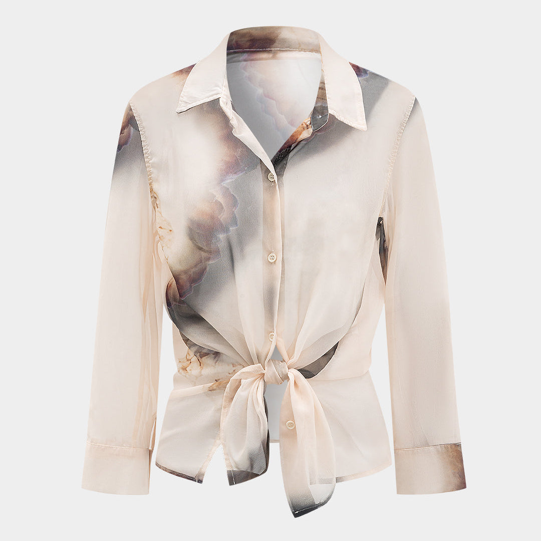 Çiçek Desenli Yarı Şeffaf Uzun Kollu Gömlek