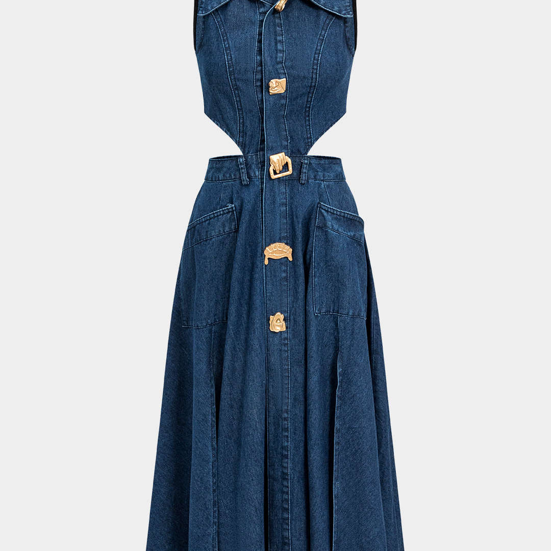 Denim Düğme Kesik Elbise