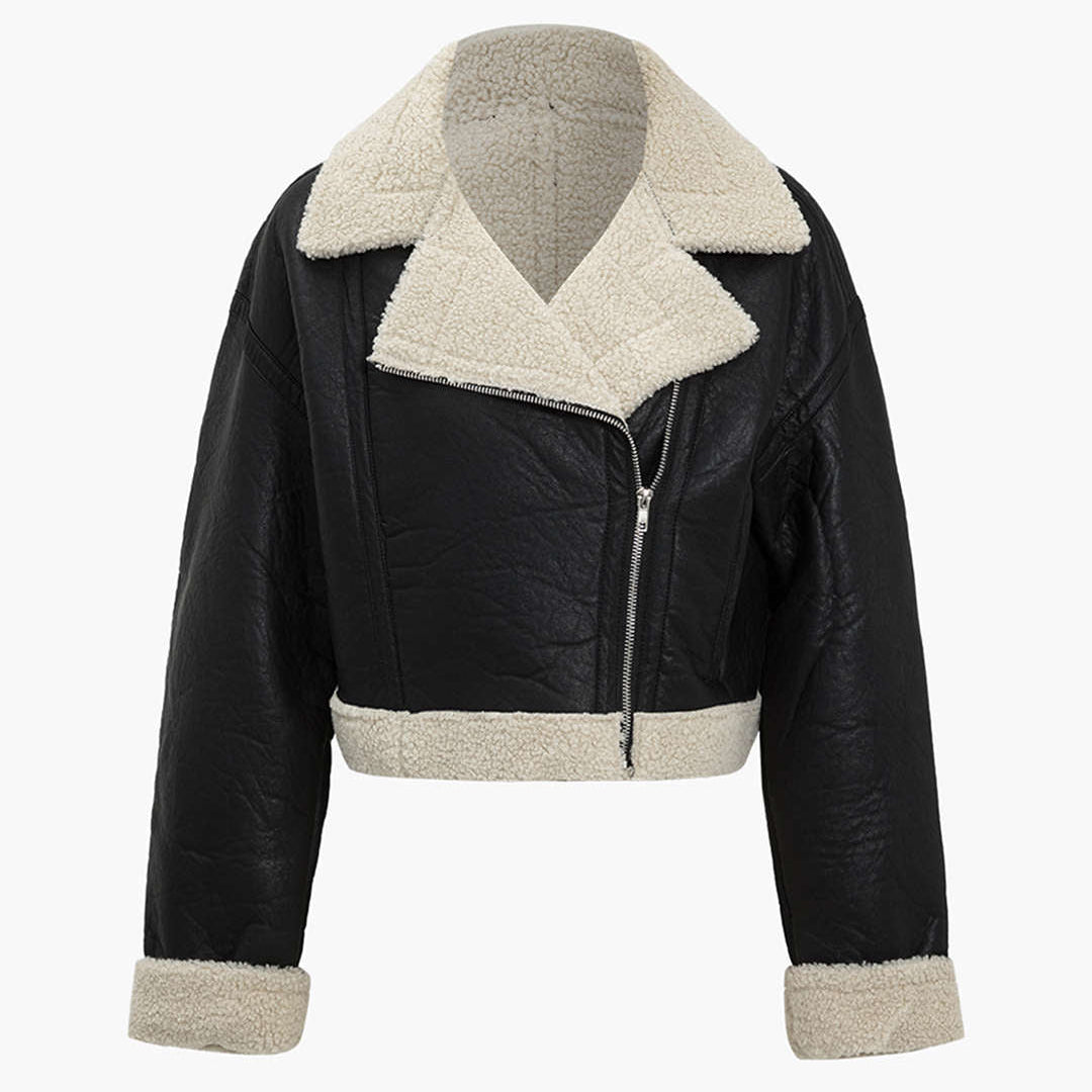 Solid Faux Leather Fleece Ceket