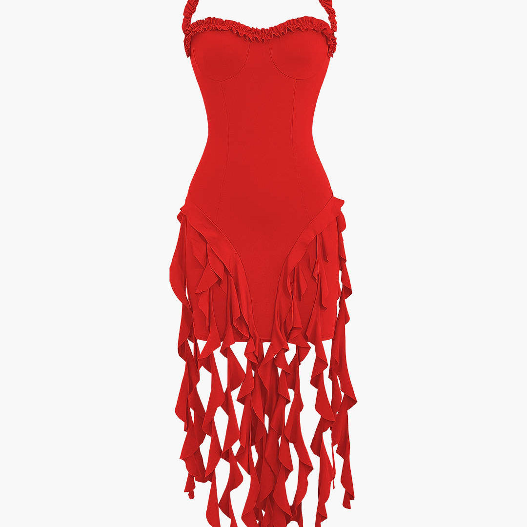 Volanlı Püskül Halter Bustiyer Mini Elbise