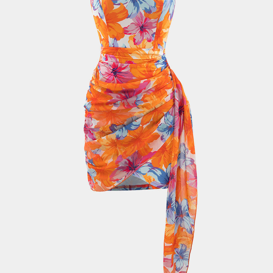 Çiçek Desenli Sarma Ruched Straplez Mini Elbise