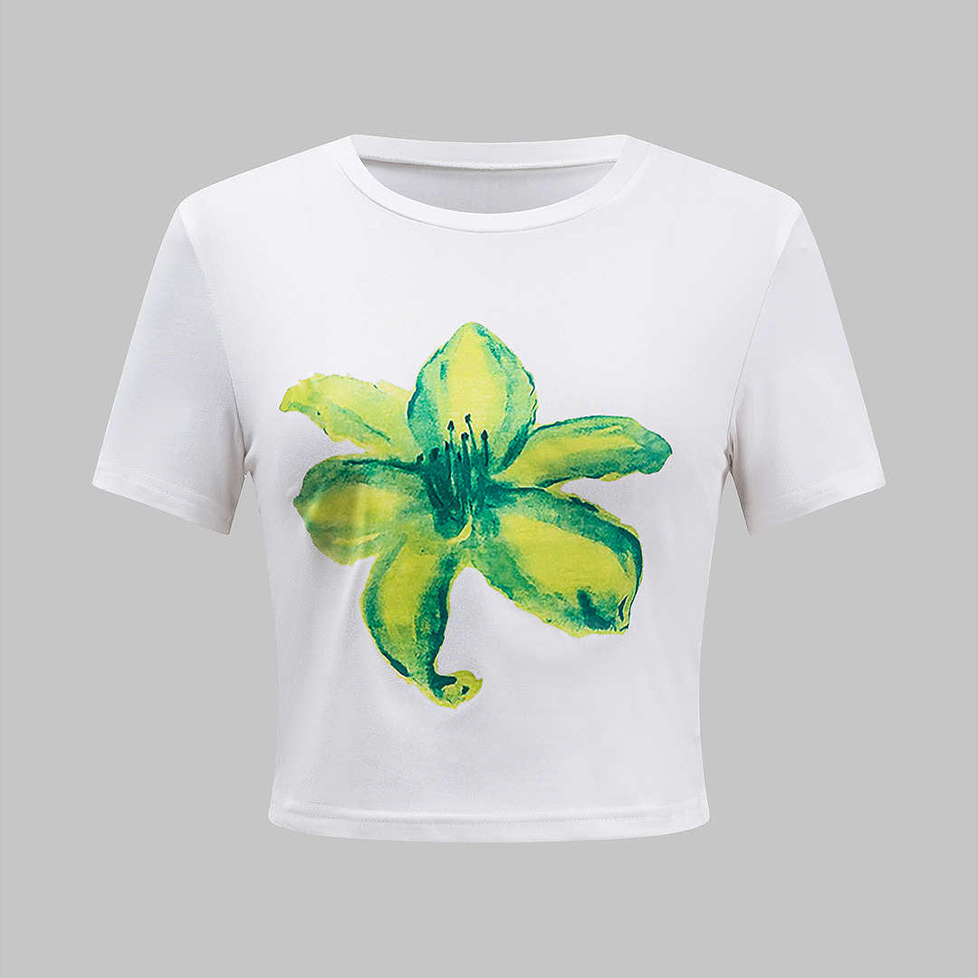 Çiçek Desenli Kısa Kol Tişört