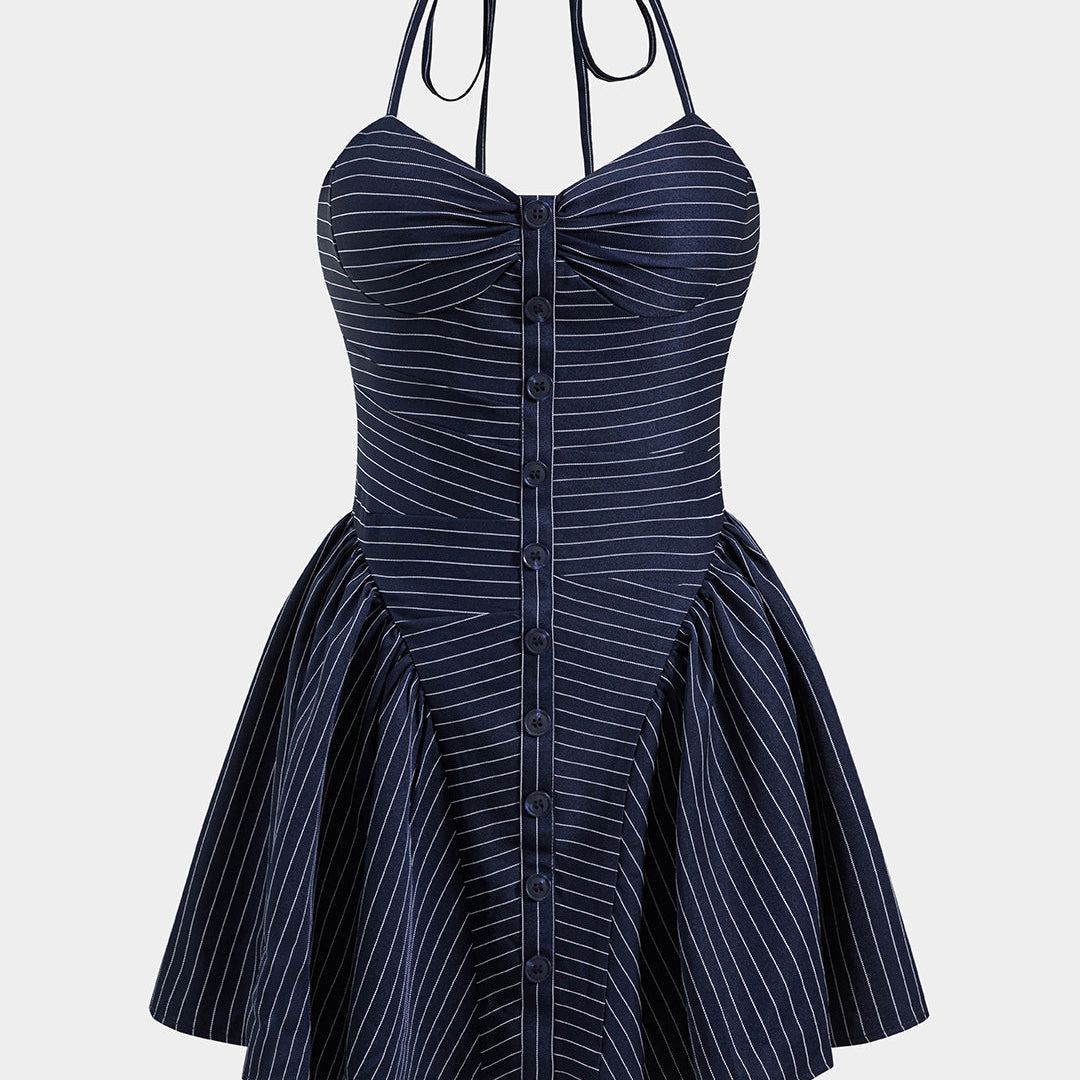 Stripes Button Halter Neck Backless Mini Elbise