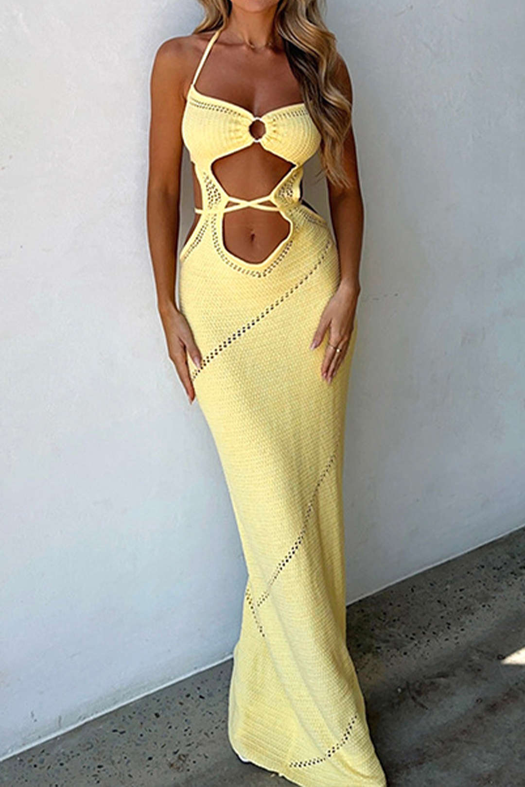 Kesik Detaylı Kravat Askılı Maxi Elbise