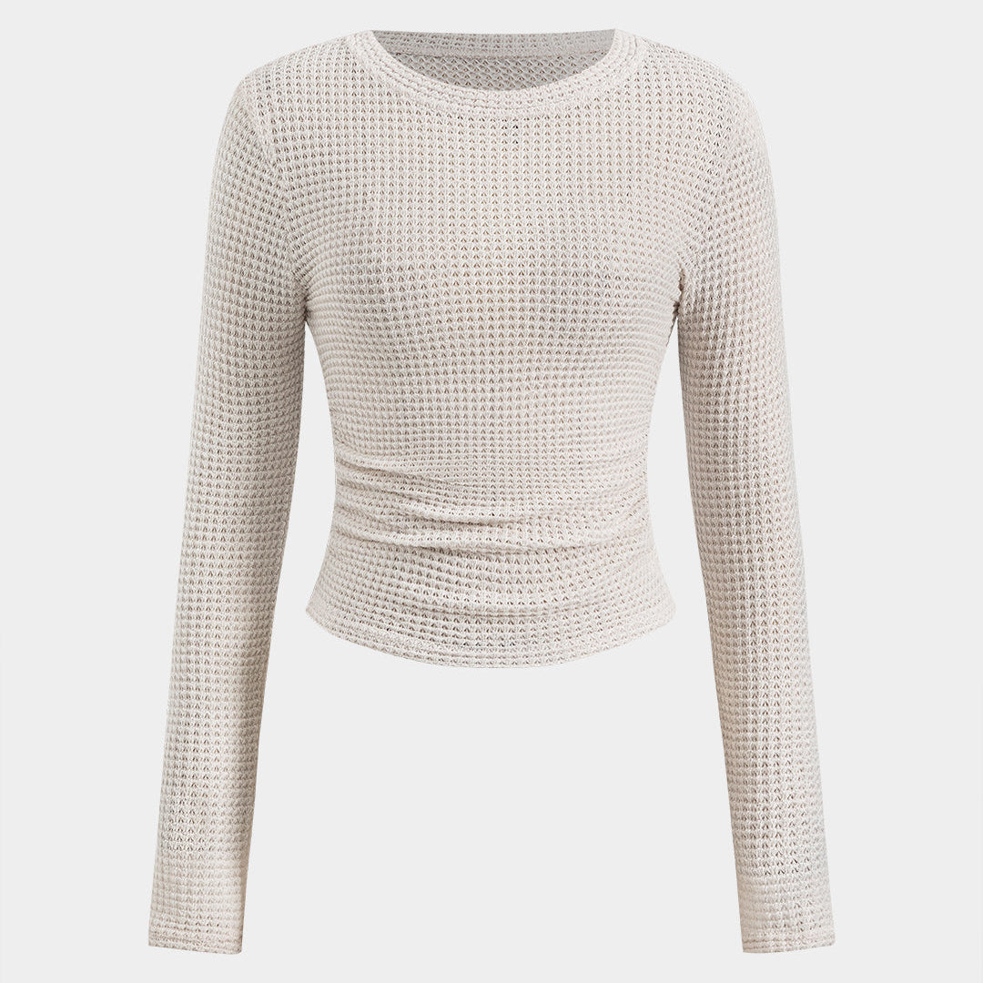 Ruched Round Neck Uzun Kollu T-Shirt