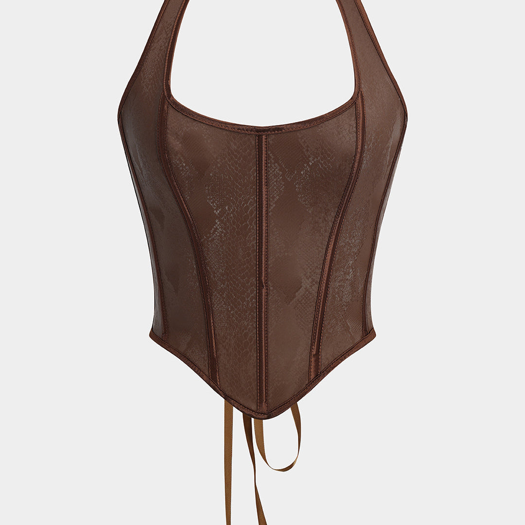 Yılan Derisi Görünümlü Deri Bağlamalı Korse Askılı Bluz