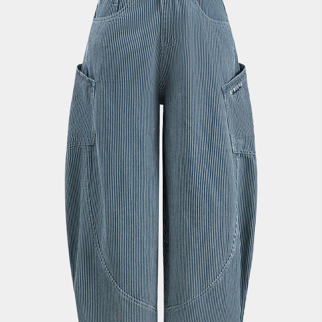 Harf Nakışlı Denim Çizgili Düğme Cep Geniş Paça Fıçı Kot Pantolon