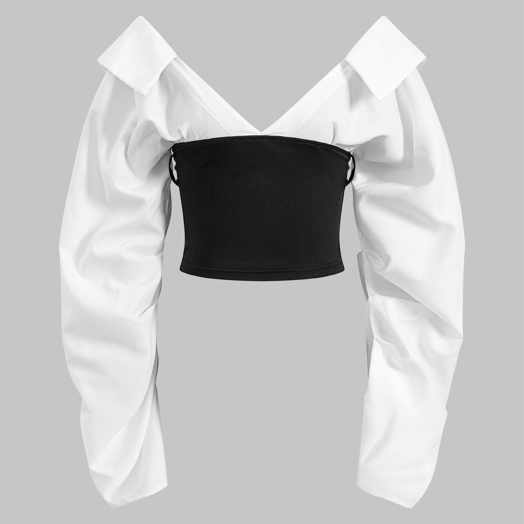 Kruvaze V Yaka Patchwork Uzun Kol Bluz