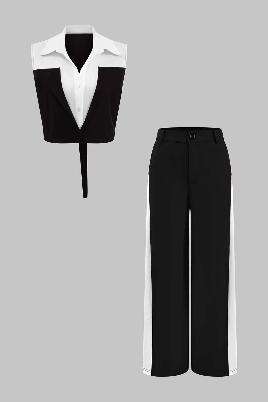 Patchwork Düğme Bağlama Sıfır Kol Bluz Ve Fermuarlı Cepli Pantolon Seti