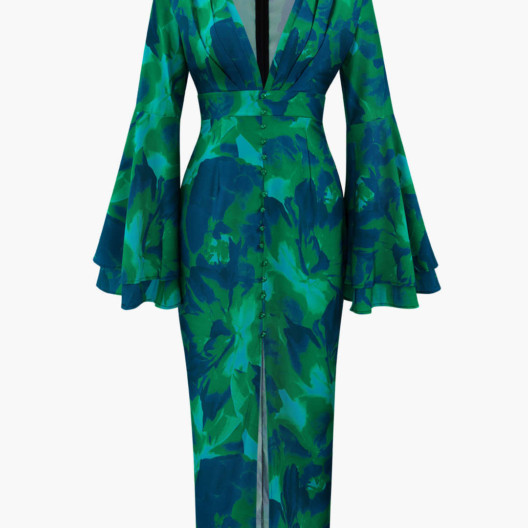 Çiçek Desenli V Yaka Yırtmaçlı Maxi Elbise