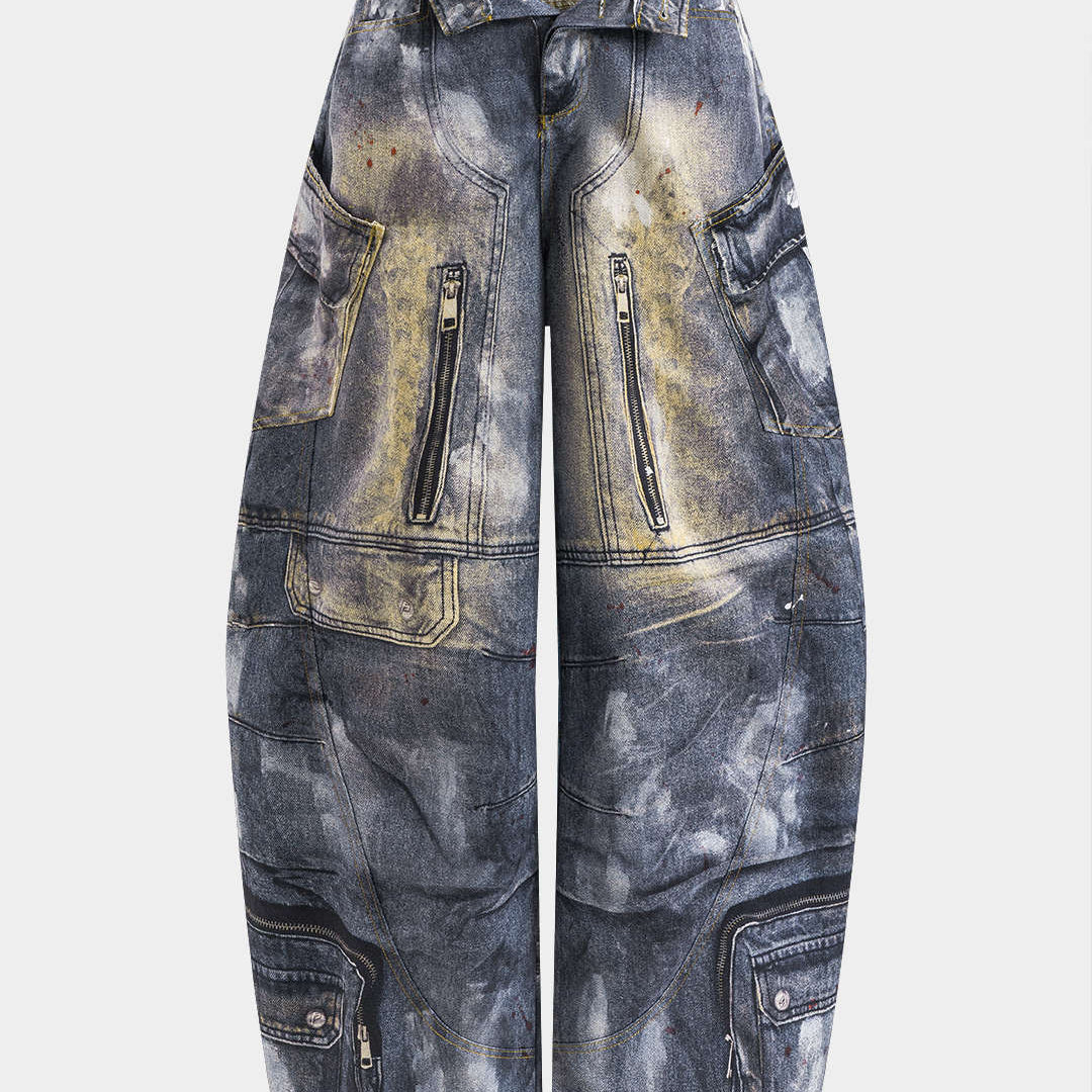 Soyut Baskılı Cep Detaylı Varil Pantolon