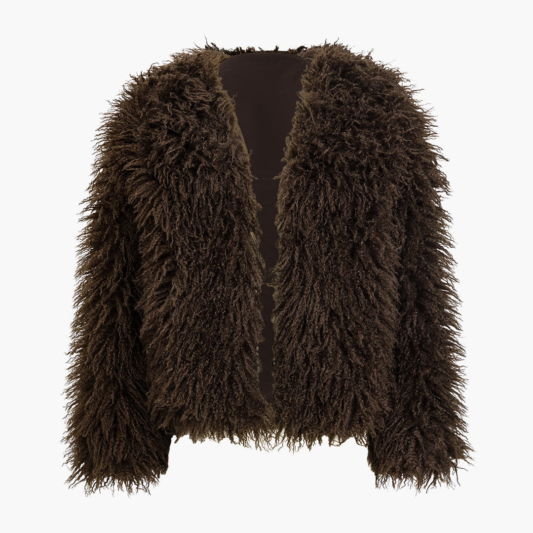 Solid Faux Fur Fringe Ceket