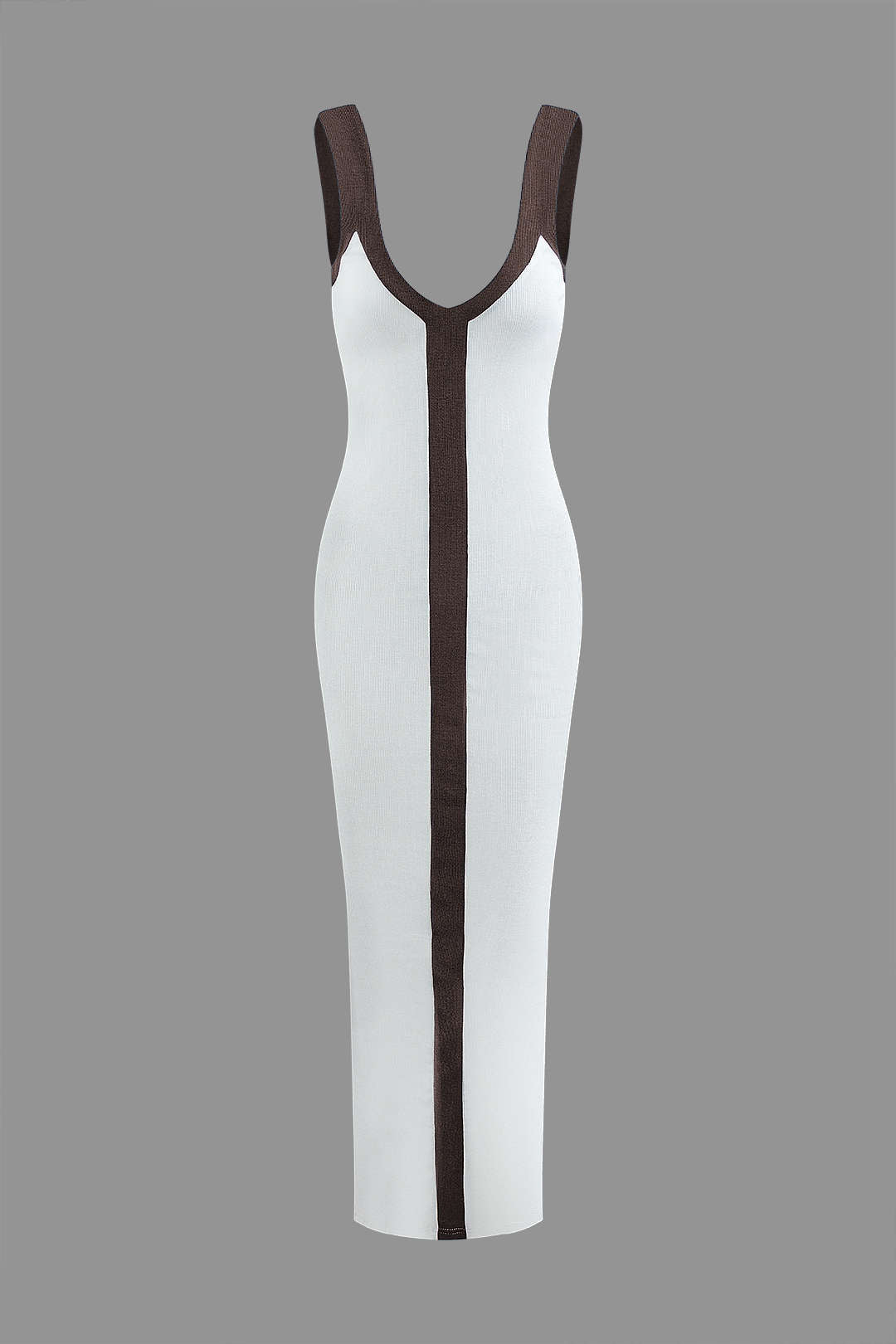 Renk Bloklu V Yaka Ribana Kesik Maxi Elbise