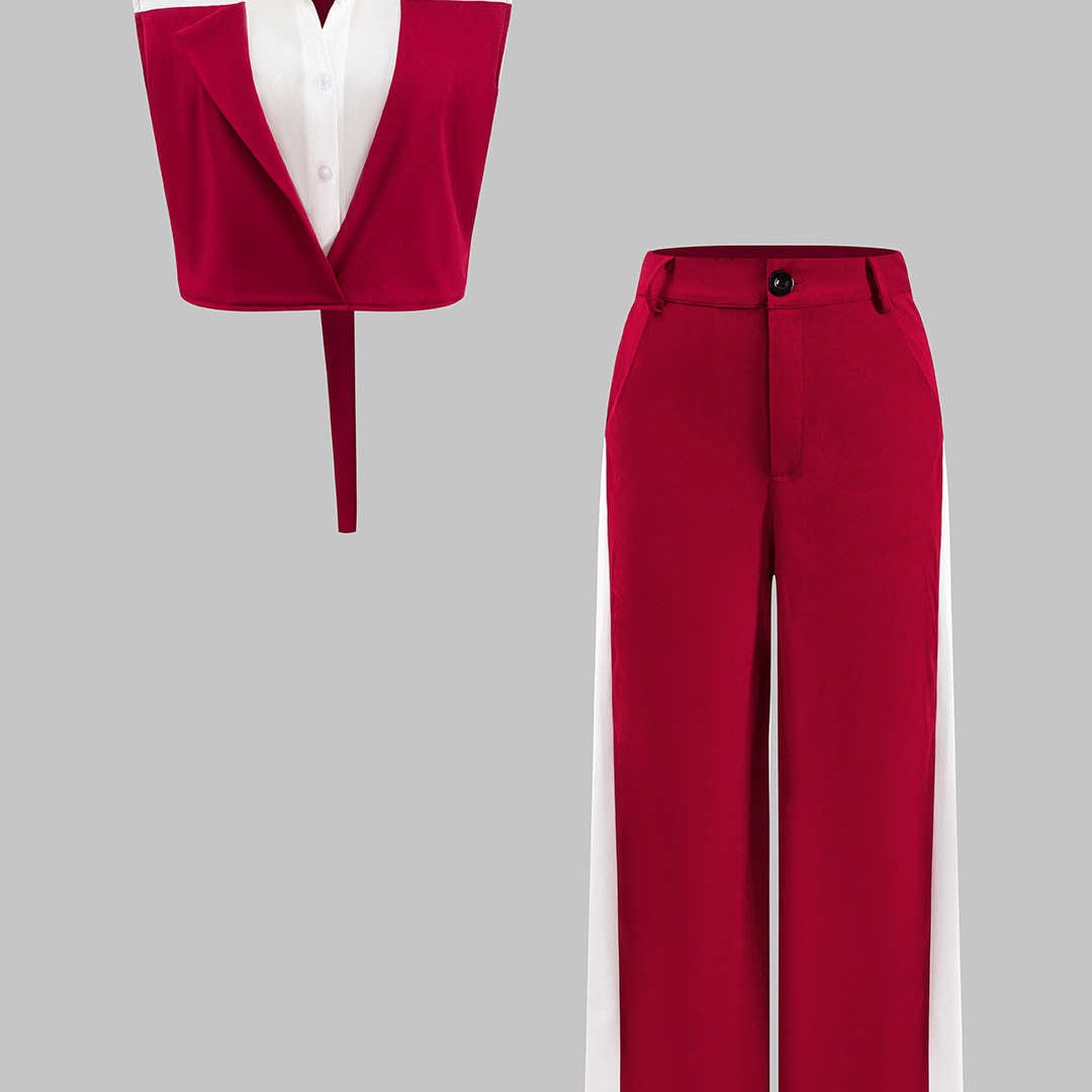 Patchwork Düğme Bağlama Sıfır Kol Bluz Ve Fermuarlı Cepli Pantolon Seti