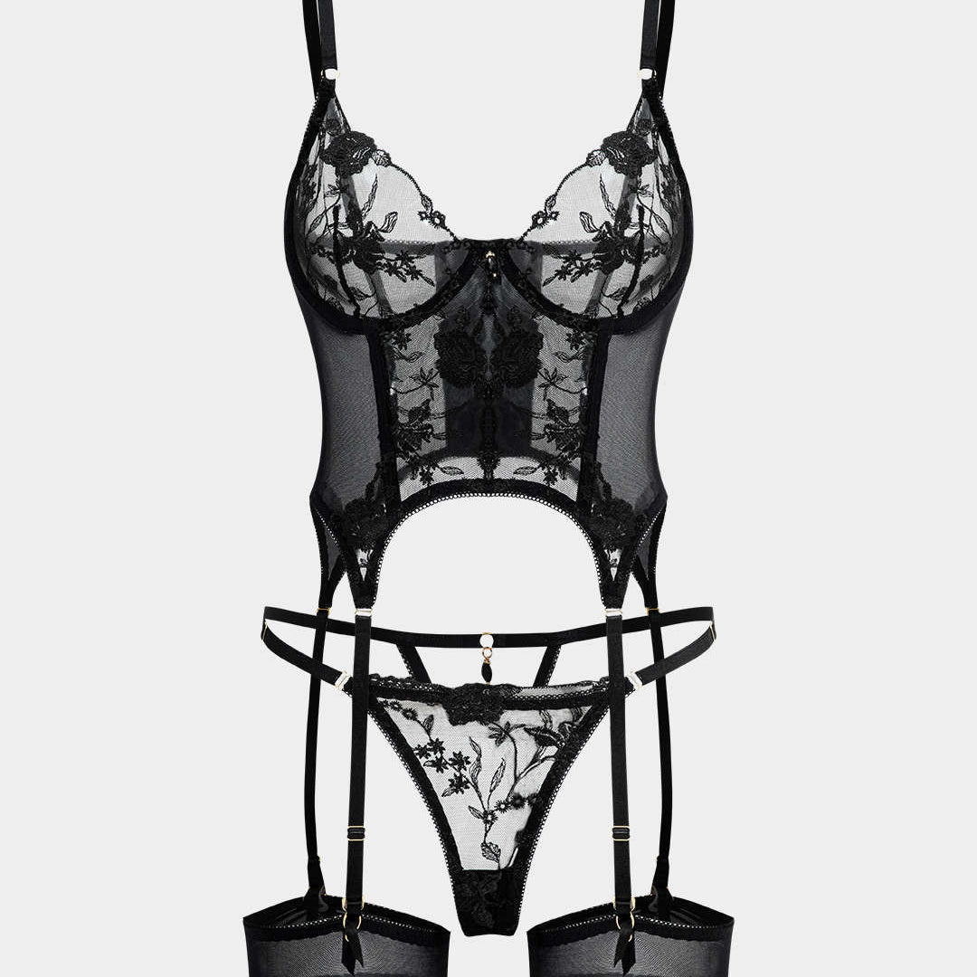 Şeffaf Tül Nakışlı Boncuklu Jartiyer Takımı