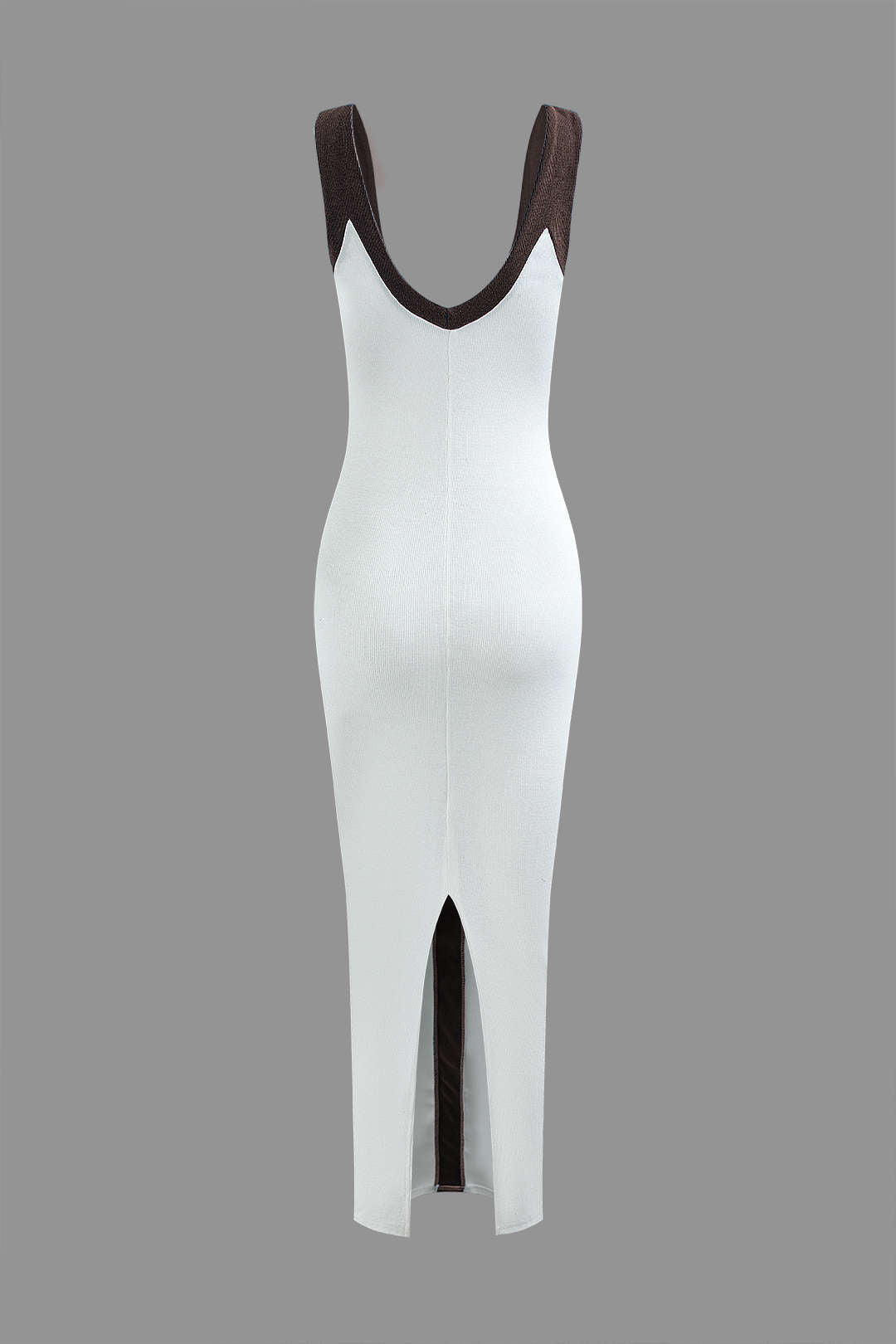 Renk Bloklu V Yaka Ribana Kesik Maxi Elbise