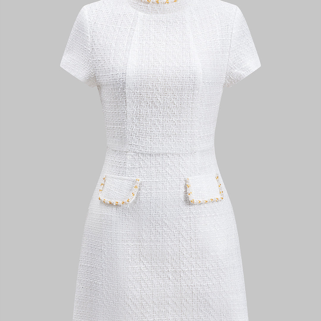 Boncuk Sahte Cep Fermuarlı Kısa Kollu Mini Elbise