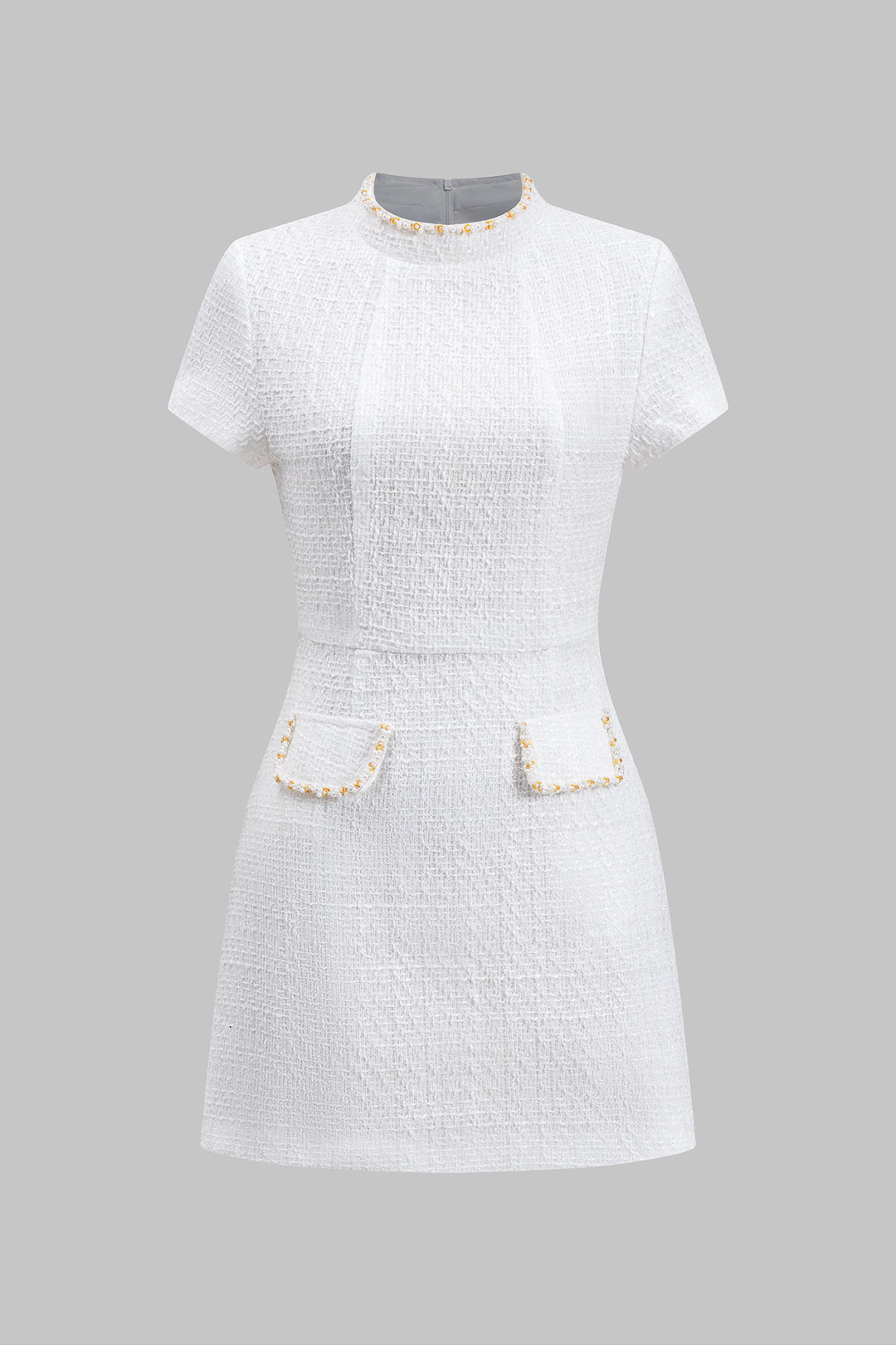 Boncuk Sahte Cep Fermuarlı Kısa Kollu Mini Elbise