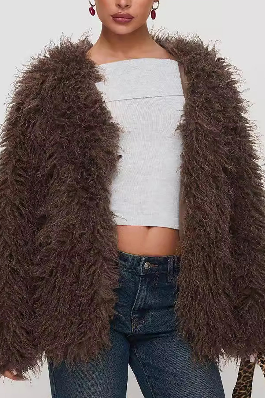 Solid Faux Fur Fringe Ceket
