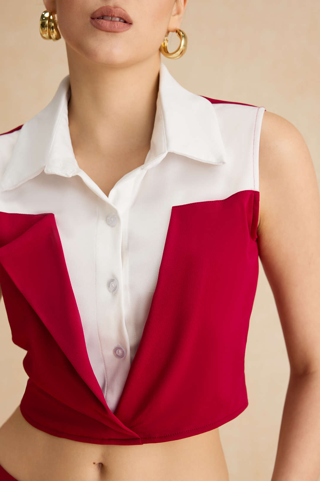 Patchwork Düğme Bağlama Sıfır Kol Bluz Ve Fermuarlı Cepli Pantolon Seti